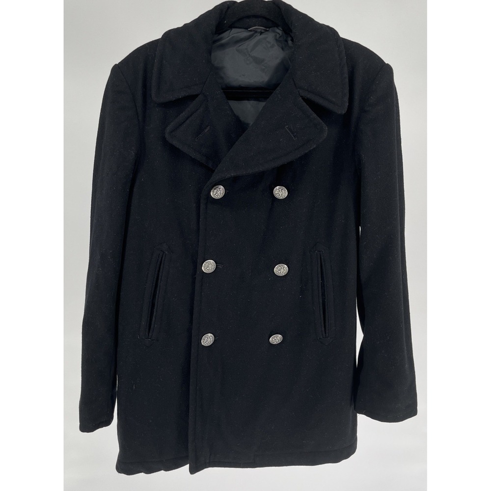 Vintage US Military Navy Pea Coat 38 Black Pewter Eagle Anchor Button 100%‎ Wool